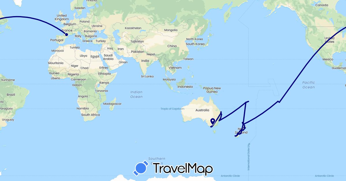 TravelMap itinerary: driving in Australia, Fiji, France, New Zealand, French Polynesia (Europe, Oceania)