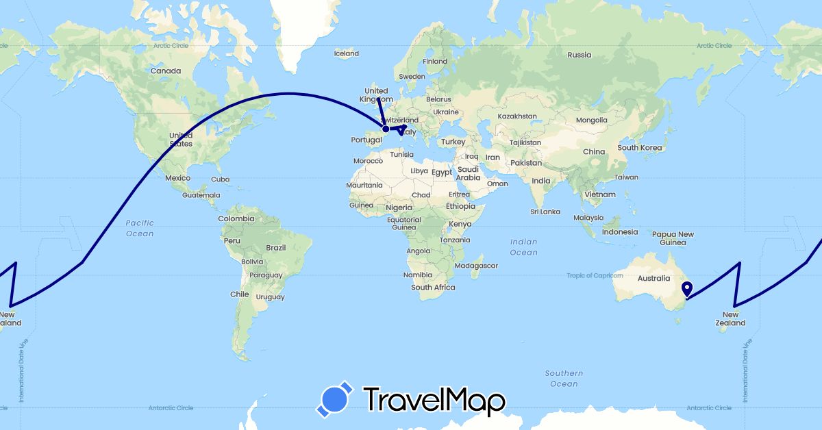 TravelMap itinerary: driving in Australia, Fiji, France, United Kingdom, Italy, New Zealand, French Polynesia (Europe, Oceania)